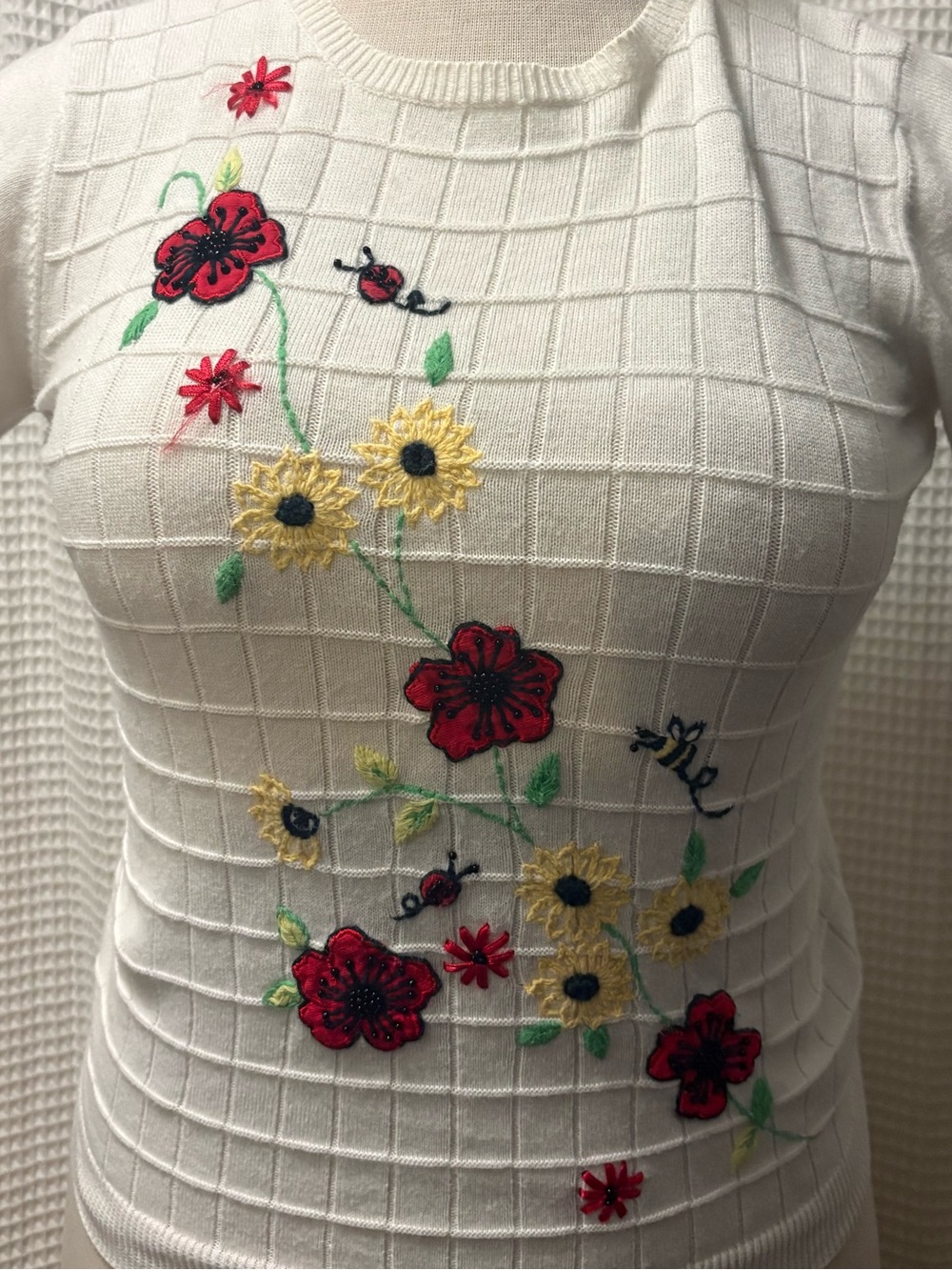 Alfred Dunner White Short-Sleeve Knit Top with Red and Yellow Floral Embroidery